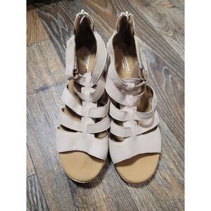 Rockport TruTech Womens Wedge Sandals Beige Leather Cork Heel RK1784 Size 7